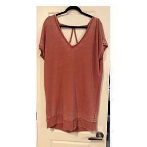 Express Solid Pink Knit V-Neck T-Shirt Dress-Med